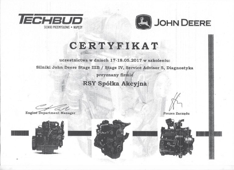 Certyfikaty JOHN DEERE